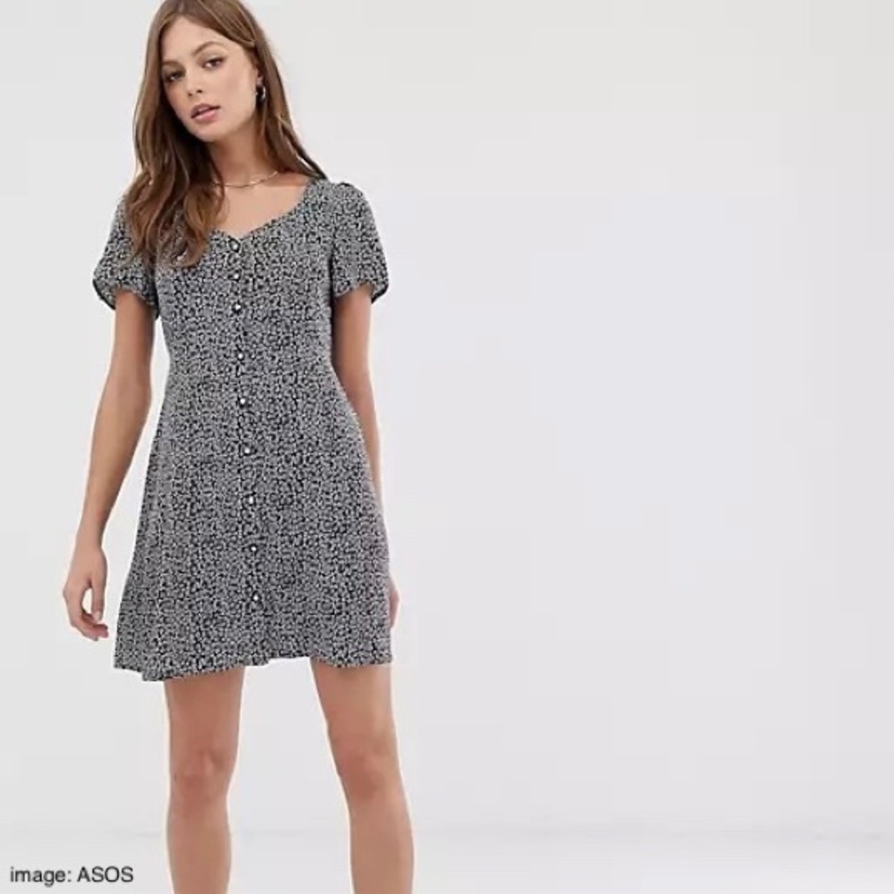 Mango Floral Button Front Mini Dress with Tie Detail in Navy, Size US 8